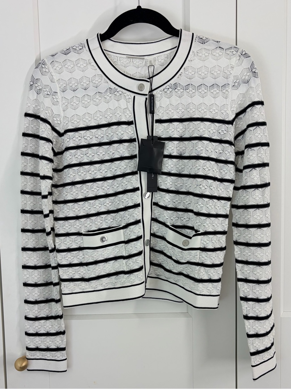 Elie Tahari Classic Black & White Striped Women's Cardigan Sweater | S
